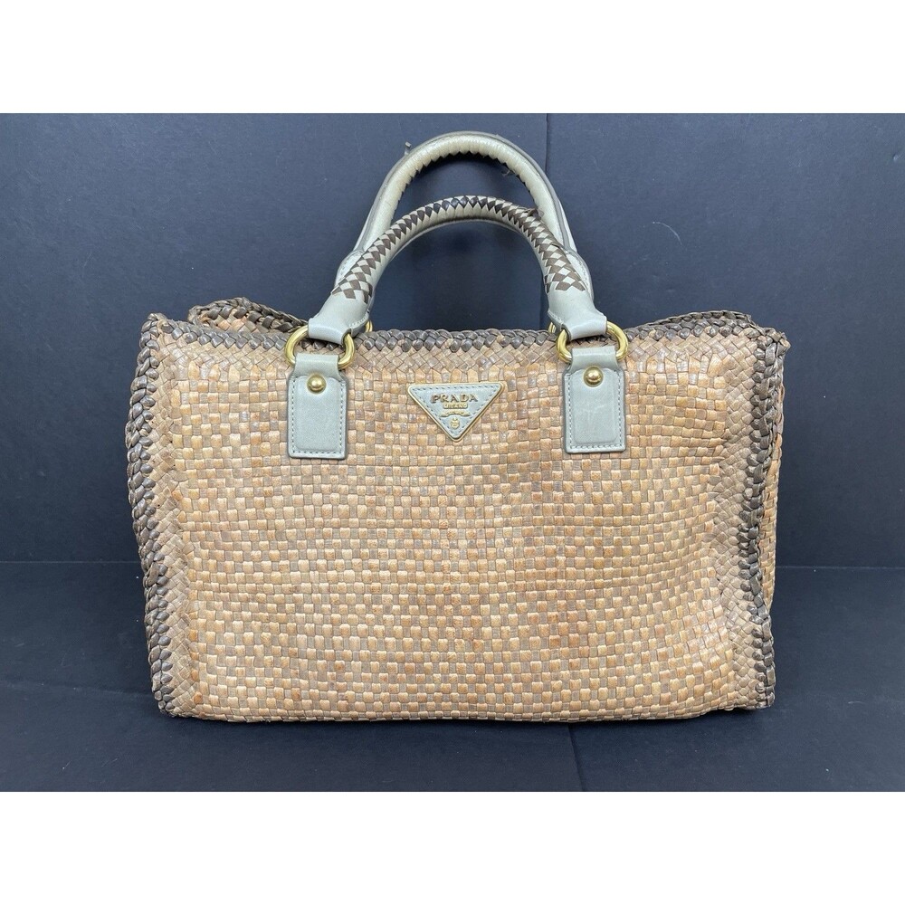 PRADA Madras Woven Leather Tote Handbag w/ Double Top Handle